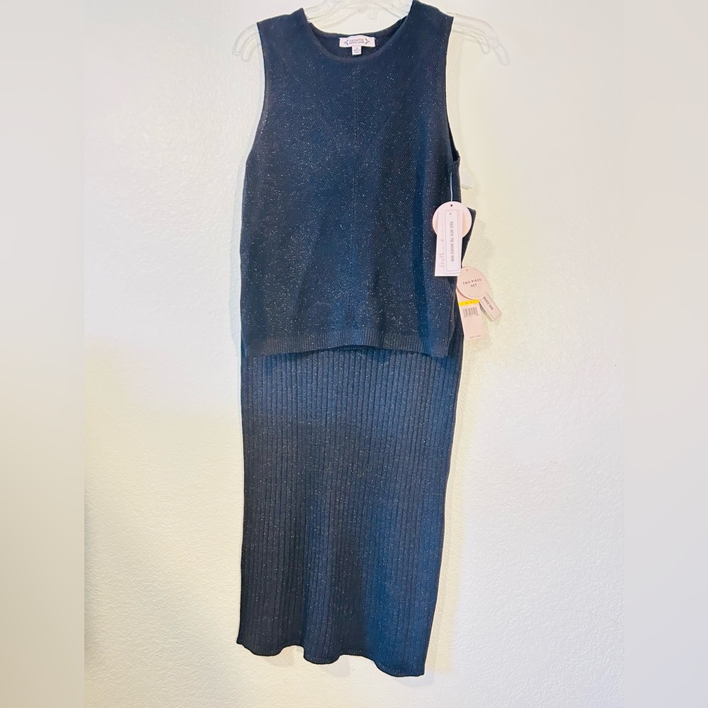 Nanette Lepore Glam Black Metallic Knit 2 Piece Sweater & Midi Skirt Set Size M